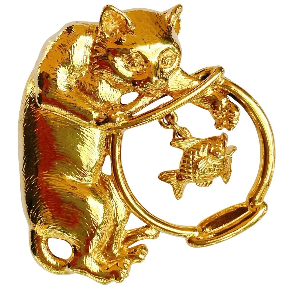 VTG Signed JJ Cat Brooch with Fish Bowl Dangling Charm 1980s Figural EUC